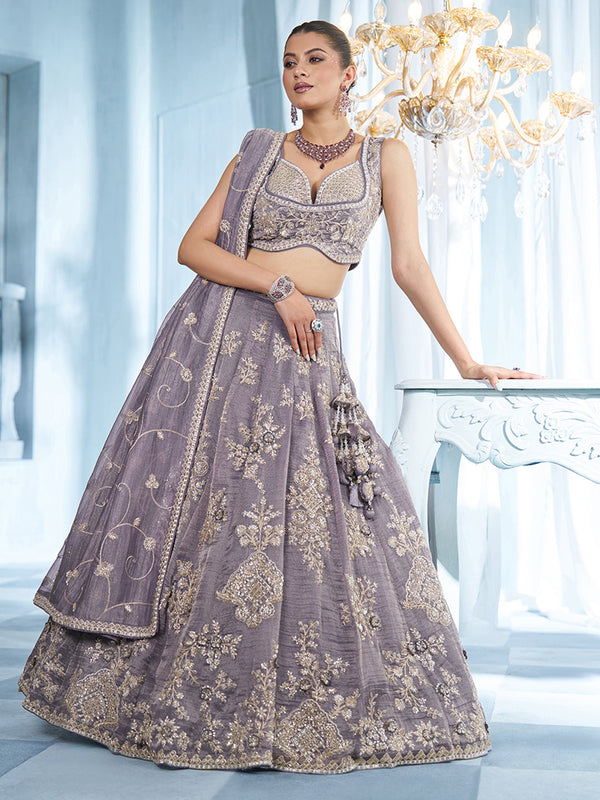 Purple Tissue Floral Beads & Embroidered Semi-Stitched Lehenga Set House of Panchhi