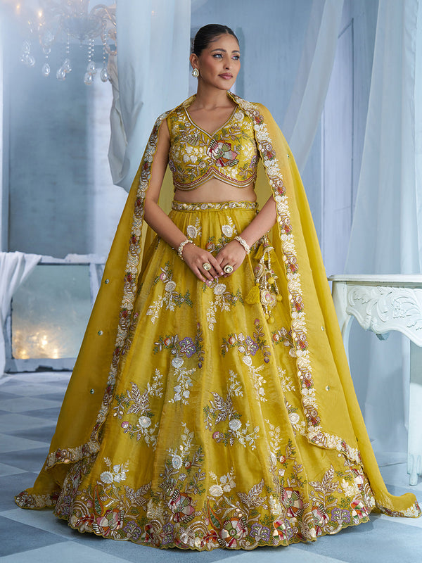 Yellow Tissue Floral & Botanical Motif Semi-Stitched Lehenga Set House of Panchhi