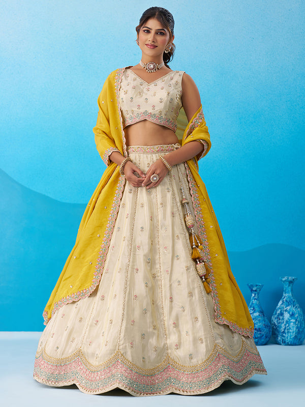 Mustard Tissue Sequins Embroidered Semi-Stitched Lehenga Set House of Panchhi