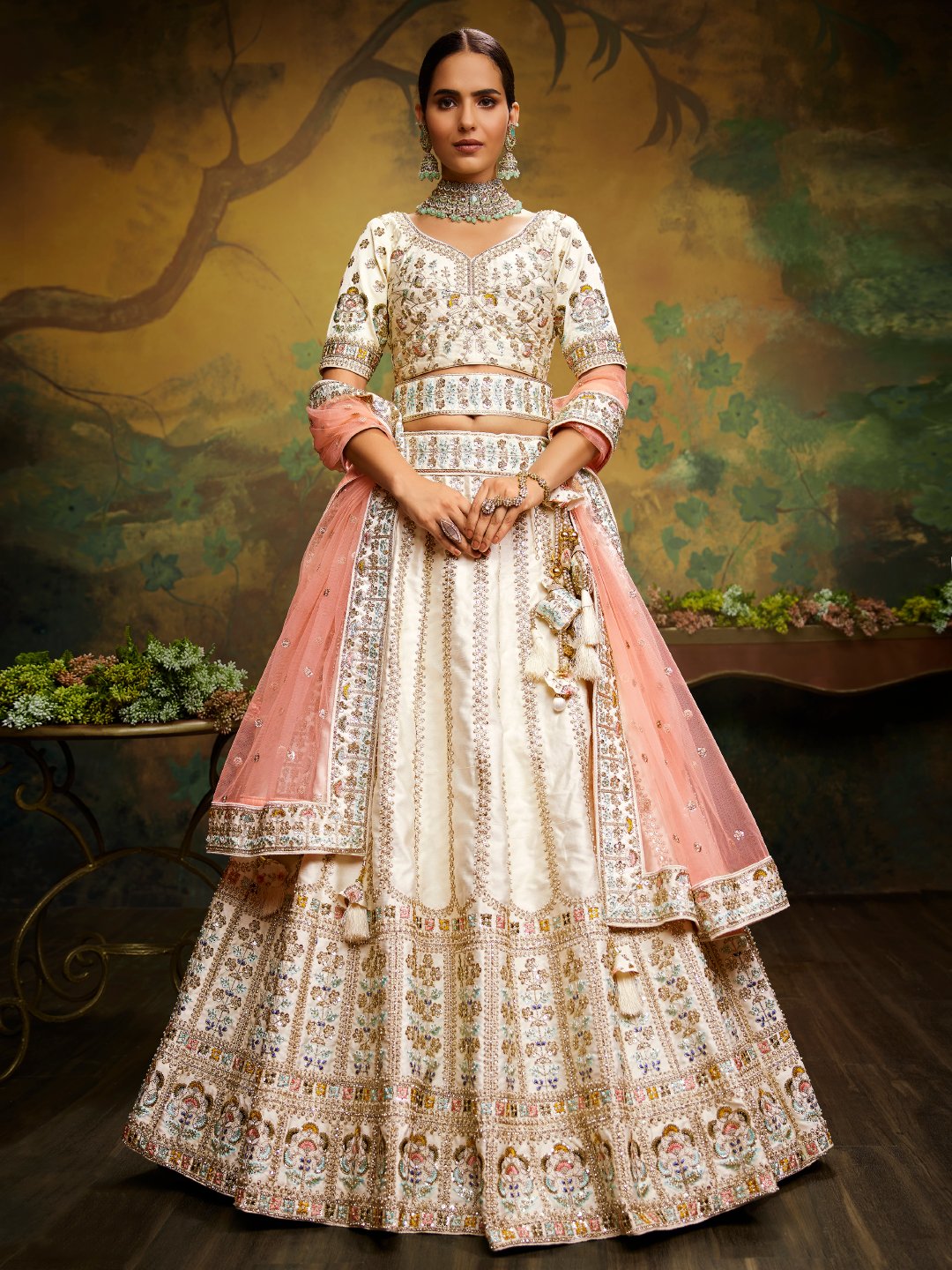 Pure Silk Moti Zarkan Heavy Embroidery Semi-Stitched Bridal