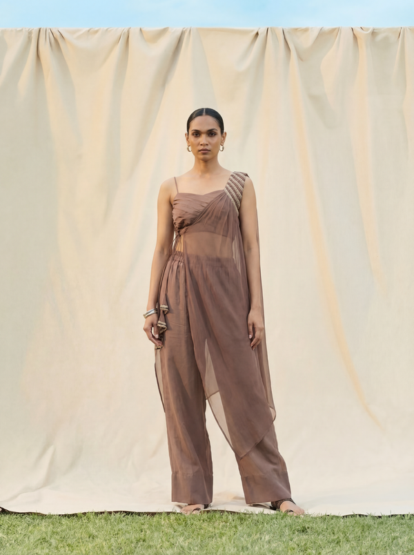 Brown Silk Solid Crop Top with Pant & One side Shrug Set House of Panchhi