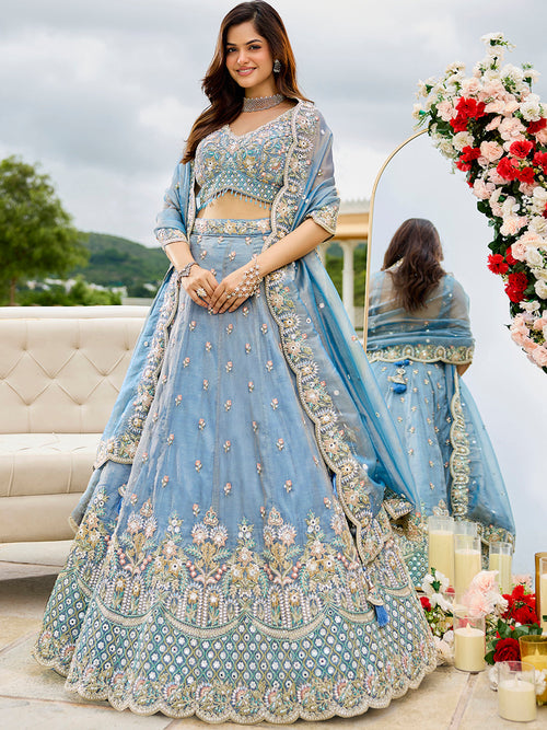 Satin Silk Fabric Sequinned Embroidered Ready to Wear Lehenga Choli & Dupatta
