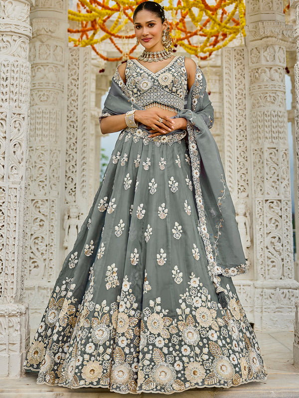 Organza Fabric Beads & Sequince Embroidered Ready to Wear Lehenga Choli & Dupatta houseofpanchhi