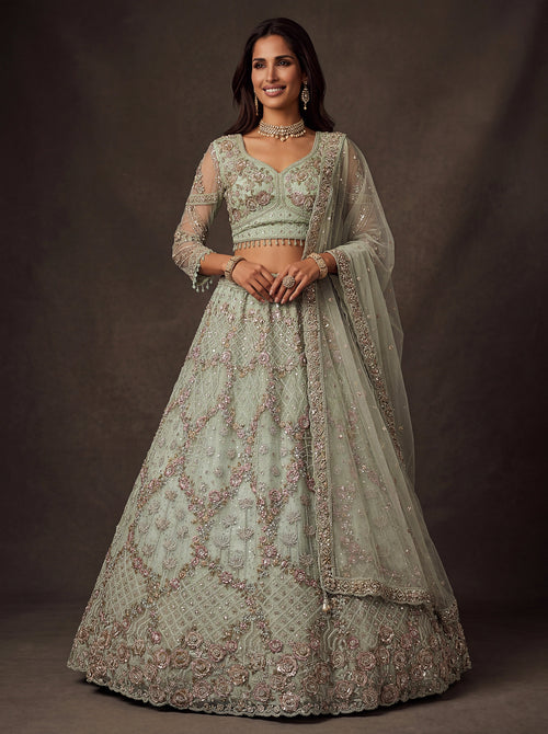 Mint Green Net Ready to Wear Flower Embroidered Lehenga Choli