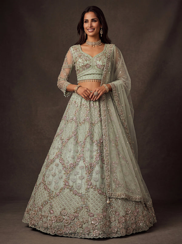 Mint green Ready to Wear Flower Embroidered Lehenga Choli houseofpanchhi