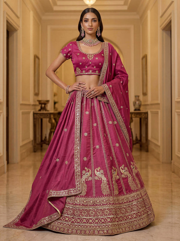 Peacock Sequins and Zari Embroidered Sober Silk Semi-Stitched Lehenga Set House of Panchhi