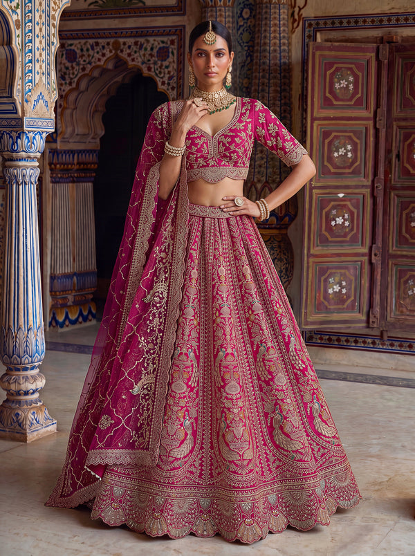 Rani Color Bridal Zari Work, Sequins Work, Threadwork, Motif work,Peacock Pattern Embroidered Semi-Stitched Lehenga Choli House of Panchhi