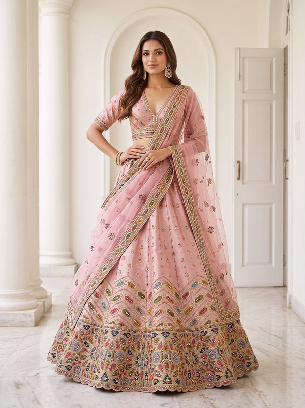 Pink Color Slub Silk Zari Work, Sequins Work, Threadwork ,Diamond work Semi-Stitched Lehenga choli & Dupatta House of Panchhi
