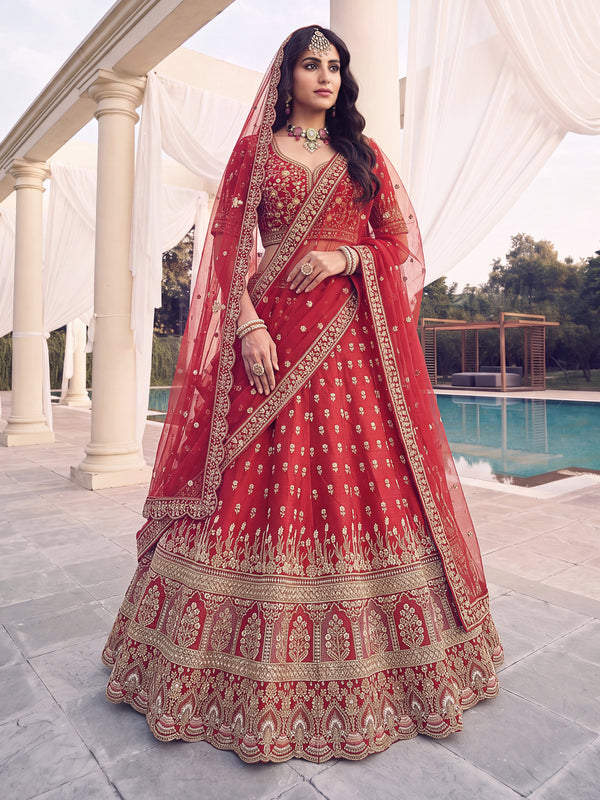 Red Bridal Slub Silk Floral Handwork Golden Sequins Semi-Stitched Lehenga Choli House of Panchhi
