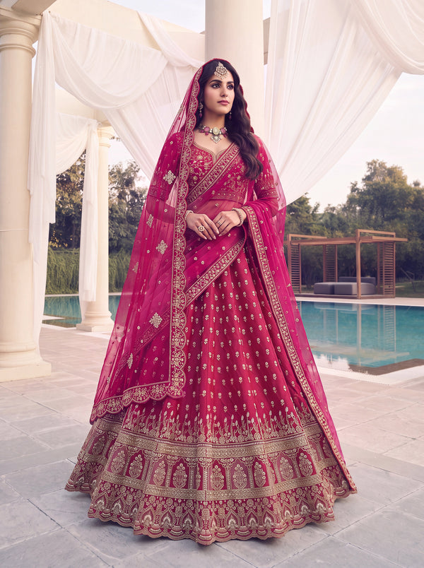 Rani-Pink Bridal Slub Silk Floral Handwork Golden Sequins Semi-Stitched Lehenga Choli House of Panchhi