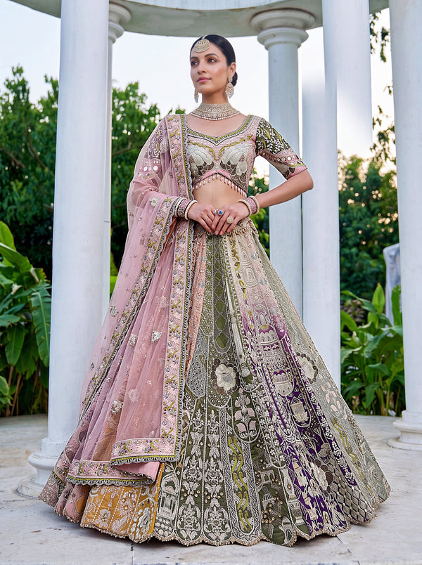 Multi-Color Silk Handwork using Zari,White Stones,Sequins & Multi-Color Thread Work Ready to Wear Lehenga Choli & Dupatta houseofpanchhi