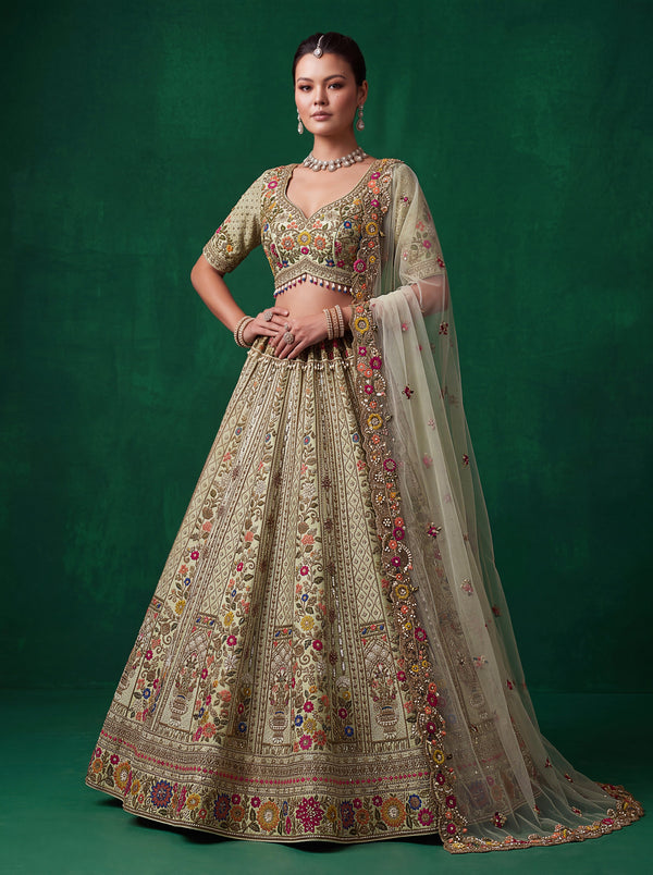 Pista Color Gadhwal Silk Intricate Thread Embroidery ,Crystal-Pearl Hand Work, Dori, Zari using Sequins, Zircon Diamond Studded Ready to Wear Lehenga Choli & Dupatta houseofpanchhi