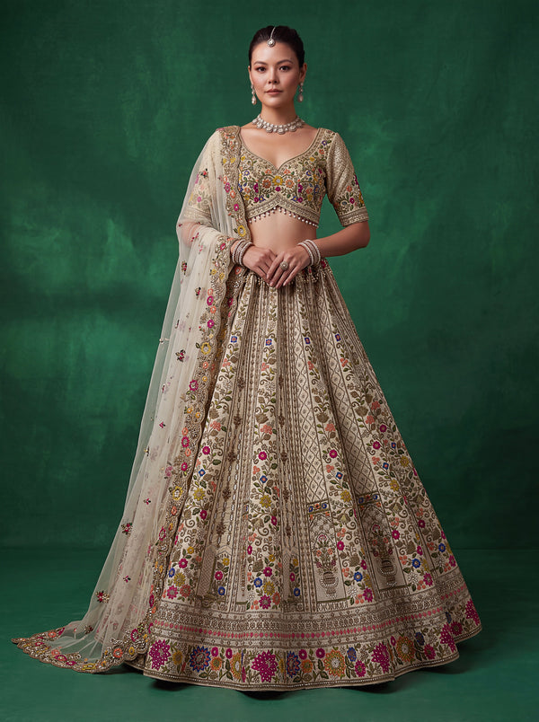 Off-White Color Gadhwal Silk Intricate Thread Embroidery, Crystal-Pearl Hand Work, Dori, Zari using Sequins, Zircon Diamond Studded Ready to Wear Lehenga Choli & Dupatta houseofpanchhi