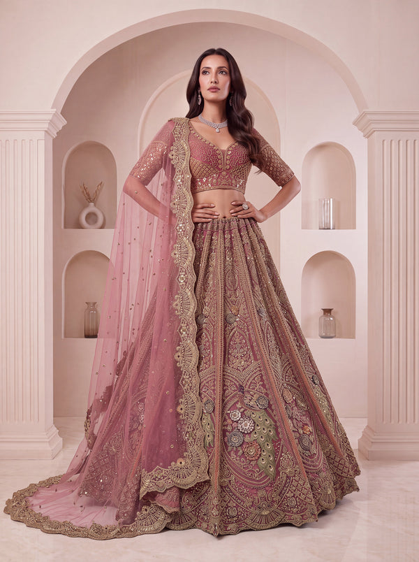 Pink Color Net Fabric Fully Embroidered Peacock Pattern, Threaded, Zarkan Semi-Stitched Lehenga Choli House of Panchhi