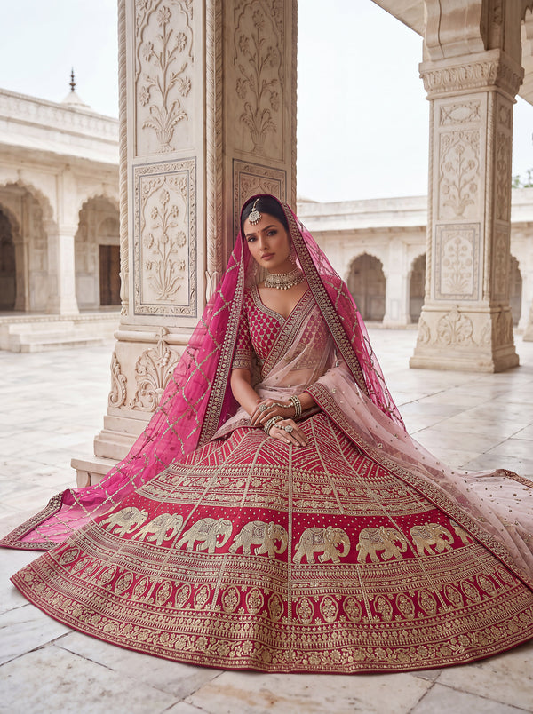 Rani-Pink Bridal Slub Silk Tatami Golden Zari Work, Dori Embroidered, Metallic Golden Sequins Semi-Stitched Lehenga Choli House of Panchhi