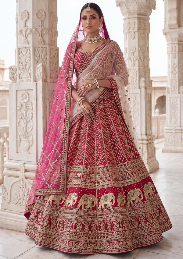 Rani-Pink Bridal Slub Silk Tatami Golden Zari Work, Dori Embroidered, Metallic Golden Sequins Semi-Stitched Lehenga Choli House of Panchhi