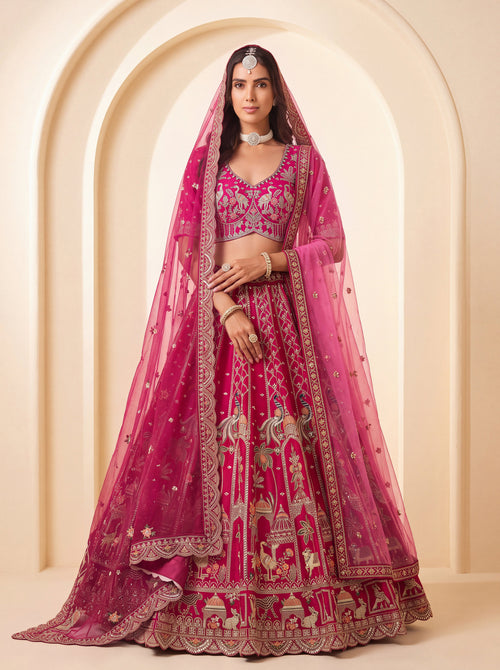 Rani Pink Silk Bridal Forest Motif Embroidered using Beads, Cotton Multi-Thread Handwork Semi-Stitched Lehenga Choli