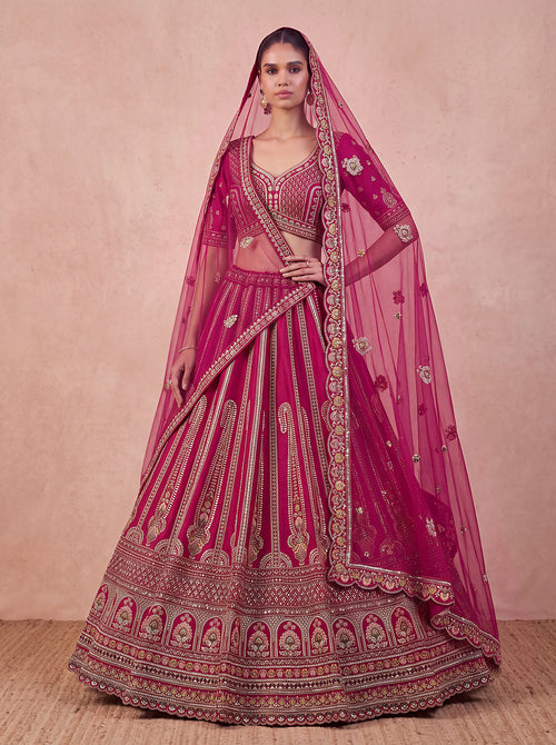Rani-Pink Silk Floral Pattern using Beads, Golden Sequins-Thread Handwork Bridal Semi-Stitched Lehenga Choli