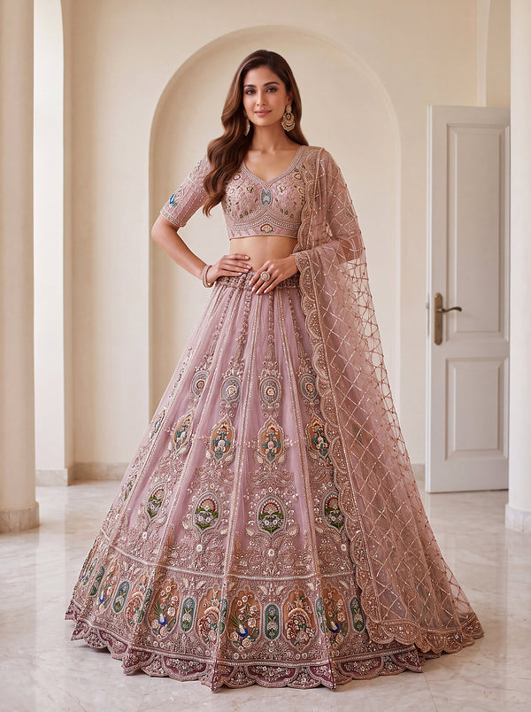Light Pink Net Golden Beads ,Multi-color Thread, Sequin Handwork Semi-Stitched Lehenga Choli House of Panchhi