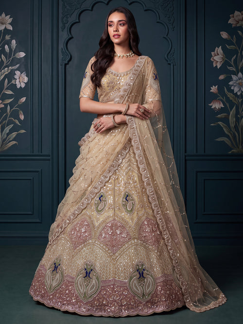 Golden Color Net Peacock Motif Golden White Beads ,Golden Sequin Handwork Semi-Stitched Lehenga Choli
