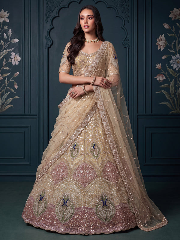 Yellow Color Net Peacock Motif Golden White Beads ,Golden Sequin Handwork Semi-Stitched Lehenga Choli House of Panchhi