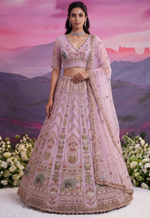 Mauve Color Net Moti-Beads-Sequin Embroidered Semi-Stitched Lehenga Choli