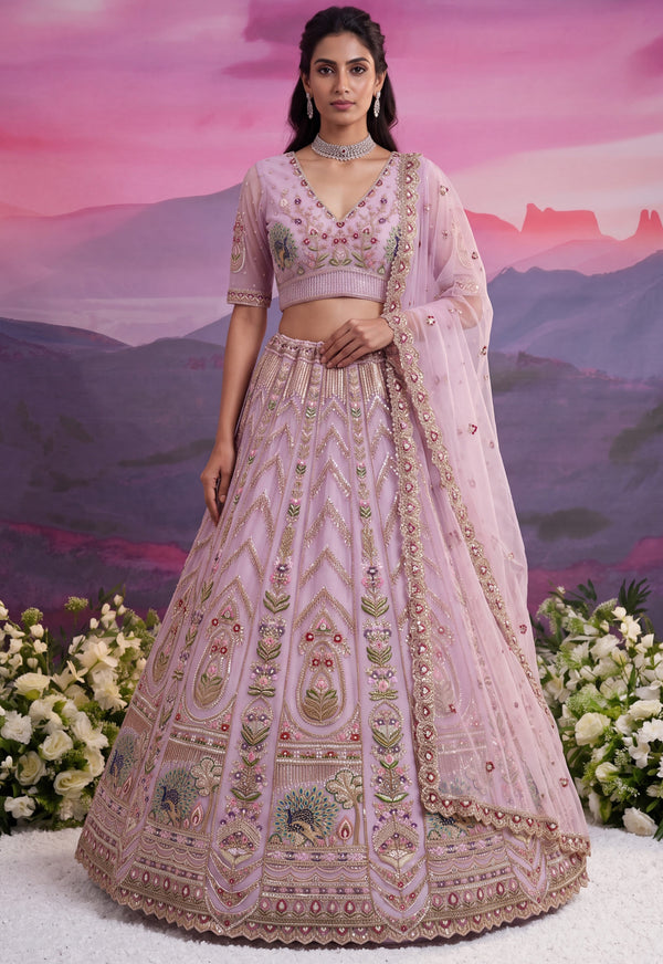 Mauve Color Net Moti-Beads-Sequin Embroidered Semi-Stitched Lehenga Choli House of Panchhi