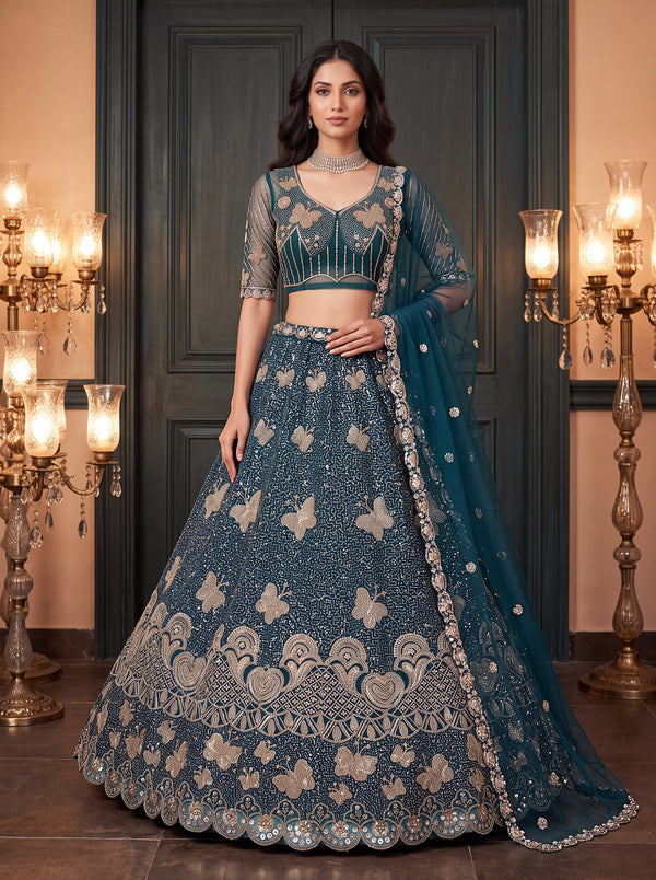 Teal Net Butterfly Motif Beads-Sequin Embroidered Semi-Stitched Lehenga Choli House of Panchhi