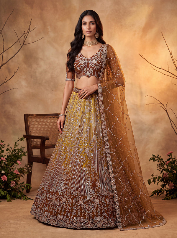 Brown Shaded Net Floral Embroiderey Using Beads-Sequin Embroidered Semi-Stitched Lehenga Choli House of Panchhi