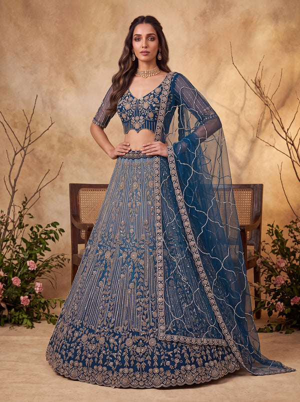 Teal Shaded Net Floral Embroiderey Using Beads-Sequin Embroidered Semi-Stitched Lehenga Choli House of Panchhi