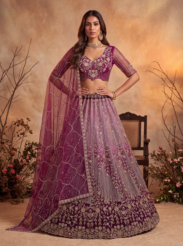Burgundy Shaded Net Floral Embroiderey Using Beads-Sequin Embroidered Semi-Stitched Lehenga Choli (Copy) House of Panchhi