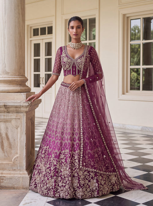 Burgundy Shaded Net Floral Pattern Embroidered Semi-Stitched Lehenga Choli