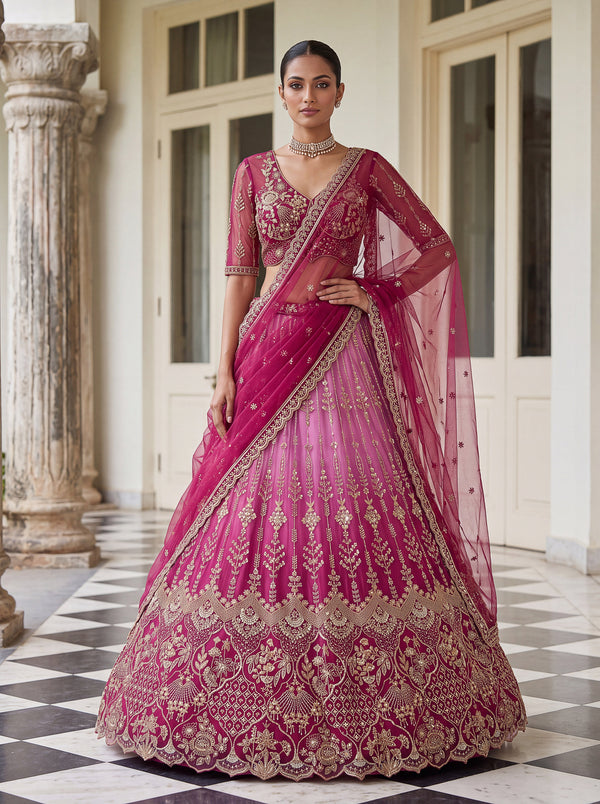 Rani-Pink Shaded Net Beads Embroidered Semi-Stitched Lehenga Choli House of Panchhi