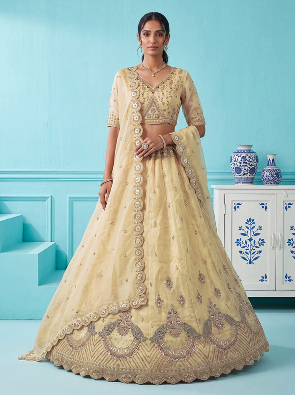 Beige Color Silk Peacock Motif Handwork Semi-Stitched Lehenga Choli House of Panchhi