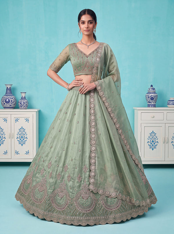 Pista-Green Color Silk Peacock Motif Handwork Semi-Stitched Lehenga Choli House of Panchhi