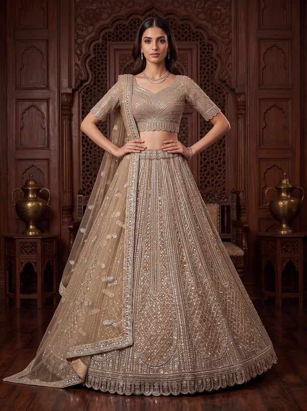 Beige Color Net Embroidered using Zarkan,Golden Sequin Semi-Stitched Lehenga Choli House of Panchhi