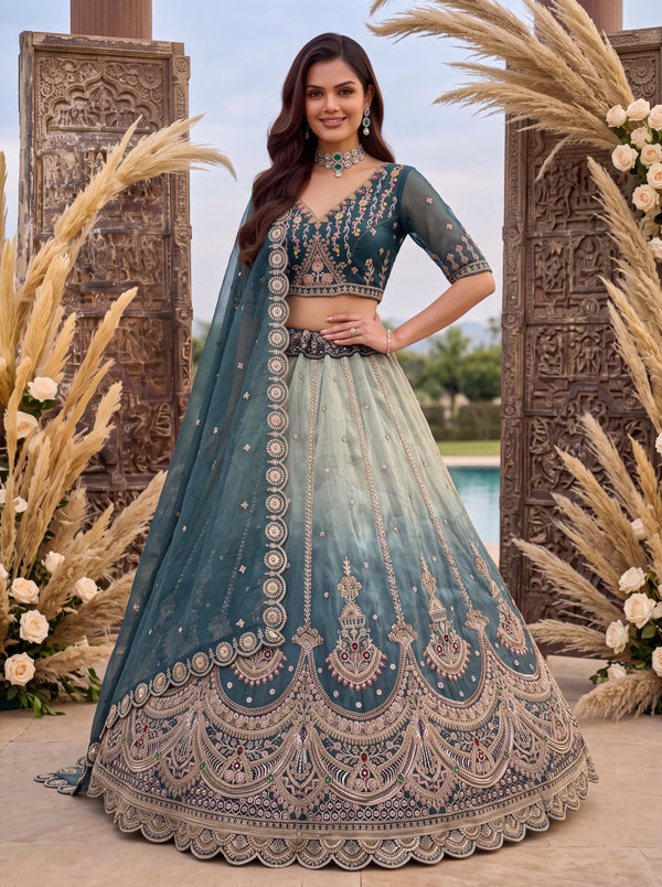 Teal Shaded Silk Stone, Beads, Sequin Handwork Semi-Stitched Lehenga Choli House of Panchhi