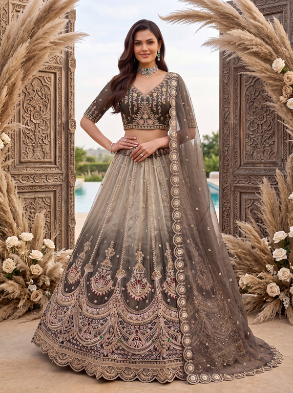 Grey Shaded Silk Stone, Beads, Sequin Handwork Semi-Stitched Lehenga Choli House of Panchhi