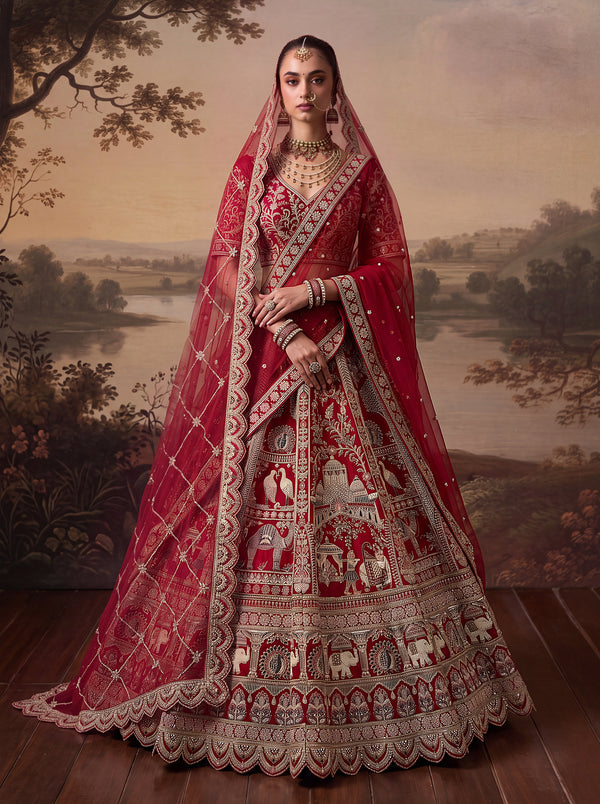 Red Silk Baraat Style Motif Handwork Bridal Semi-Stitched Lehenga Choli with Double Dupatta House of Panchhi