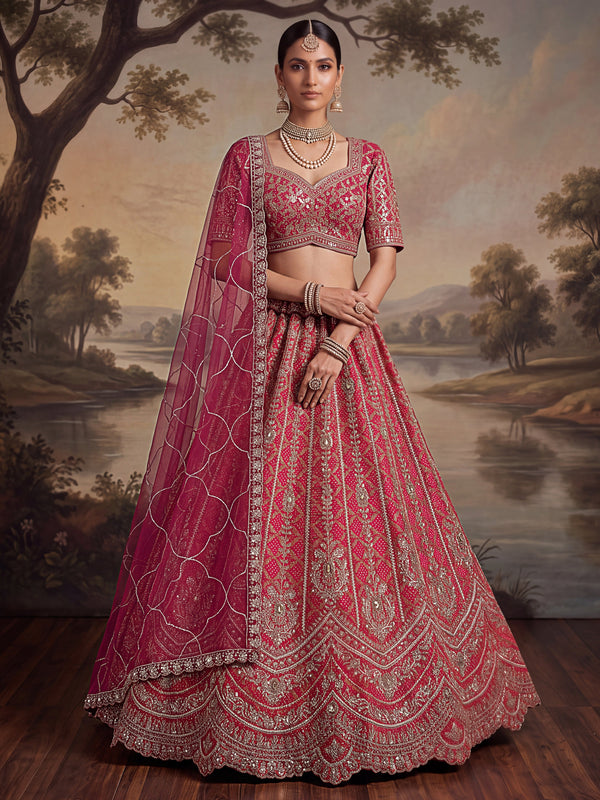 Rani-Pink Bandhani Print Silk Handwork Bridal Semi-Stitched Lehenga Choli House of Panchhi
