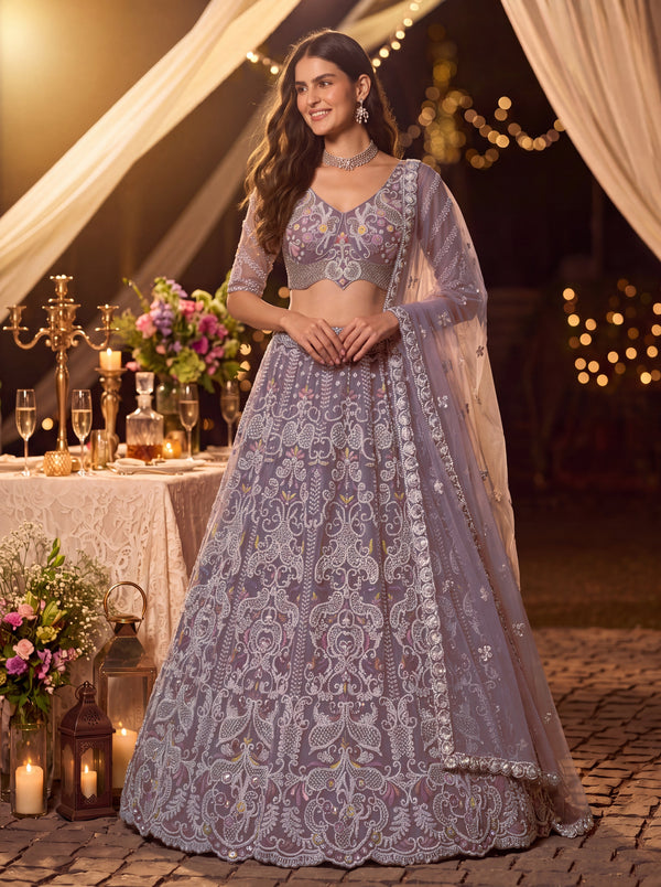 Lavender Color Net White Color Moti-Beads-Sequin Handwork Semi-Stitched Lehenga Choli House of Panchhi