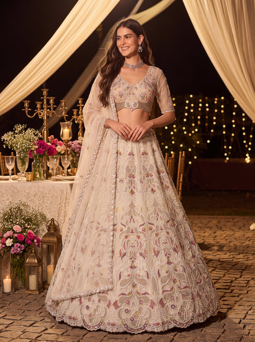 Cream Color Net White Color Moti-Beads-Sequin Handwork Semi-Stitched Lehenga Choli