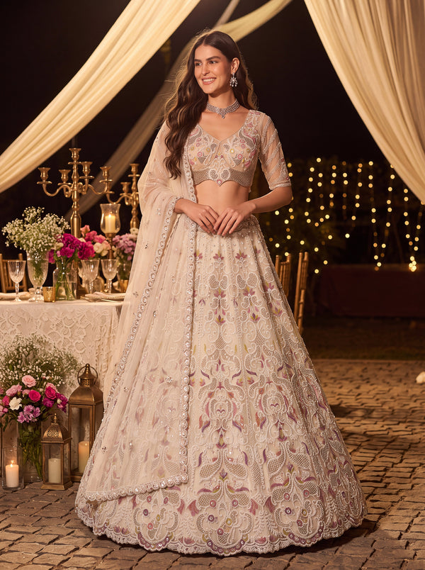 Cream Color Net White Color Moti-Beads-Sequin Handwork Semi-Stitched Lehenga Choli House of Panchhi