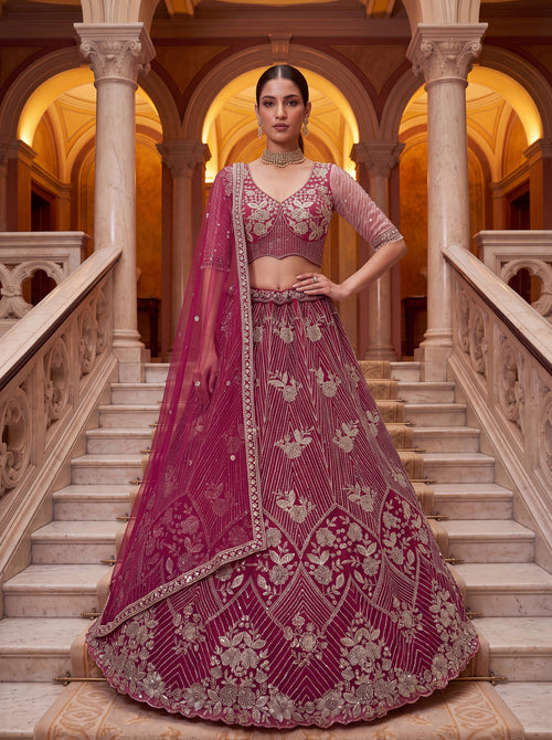 Rani-Pink Color Net Floral Handwork Golden-Beads-Sequin Semi-Stitched Lehenga Choli