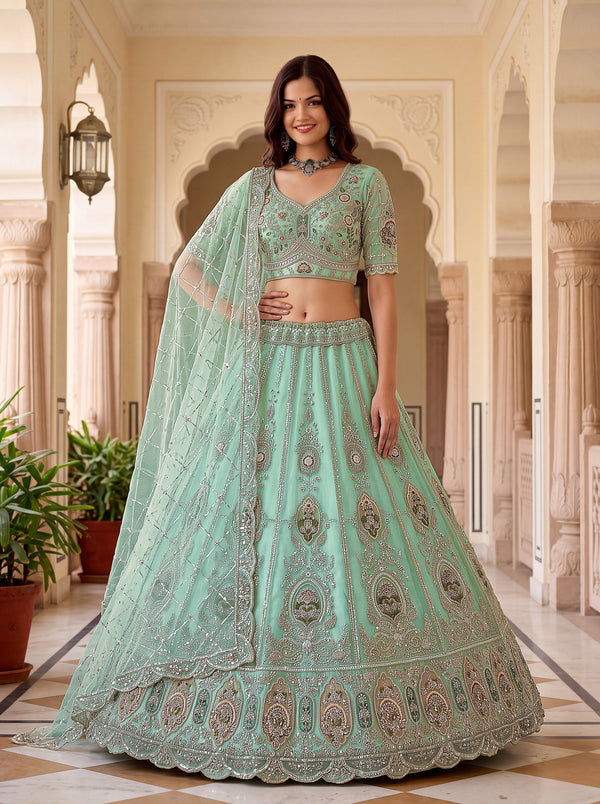 Pista Color Net Patch Pattern using Golden Beads-Sequin Handwork Semi-Stitched Lehenga Choli House of Panchhi