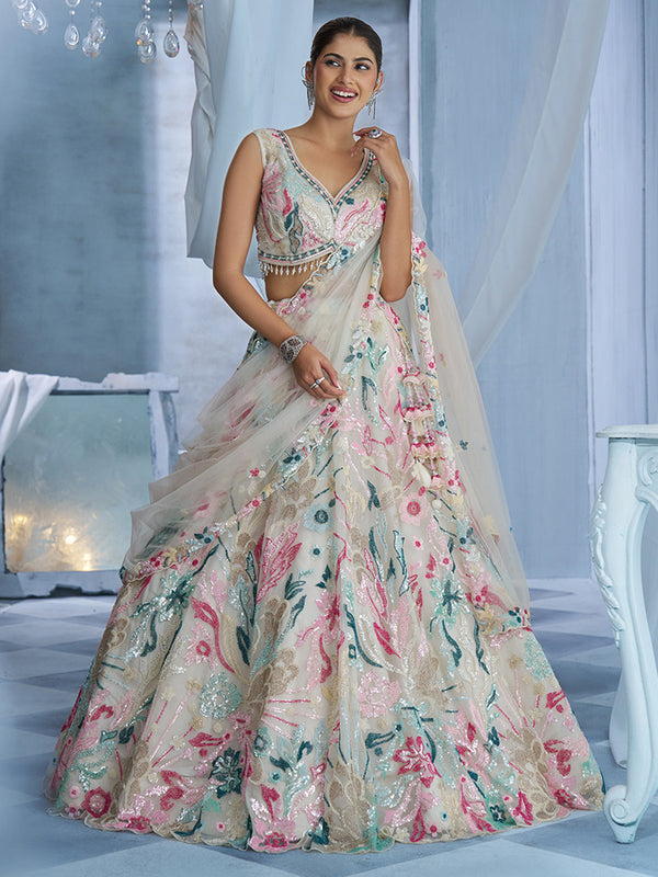 White Net Multi Beads Embroidered Ready To Wear Lehenga Set houseofpanchhi