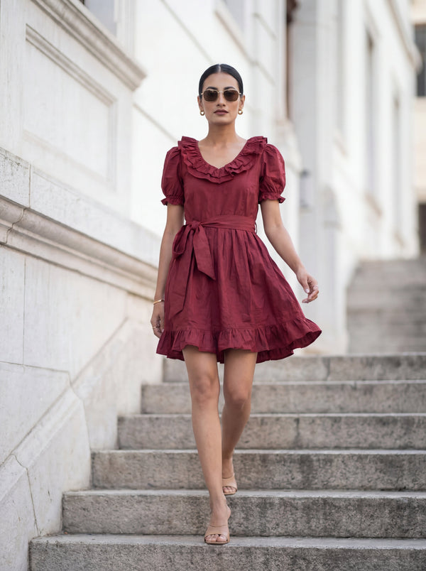 Maroon Cotton Solid Fit and Flared Dress House of Panchhi