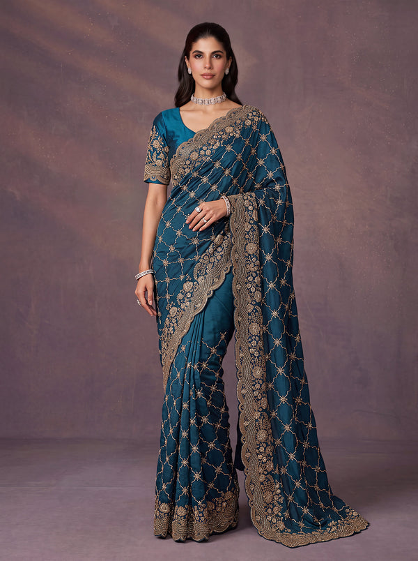 Teal Satin Silk Fabric Zari Embroidered With Zarkan Work Saree House of Panchhi