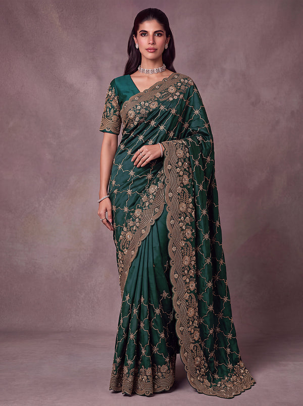 Green Satin Silk Fabric Heavy Zari Embroidered With Zarkan Work Saree House of Panchhi