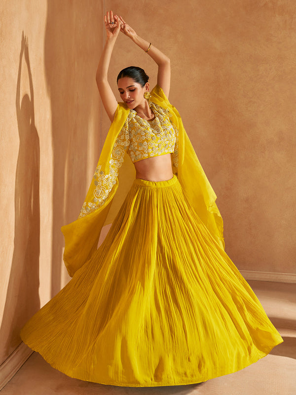 Yellow Designer Indo Western Party Wear Lehenga Choli with Cape House of Panchhi